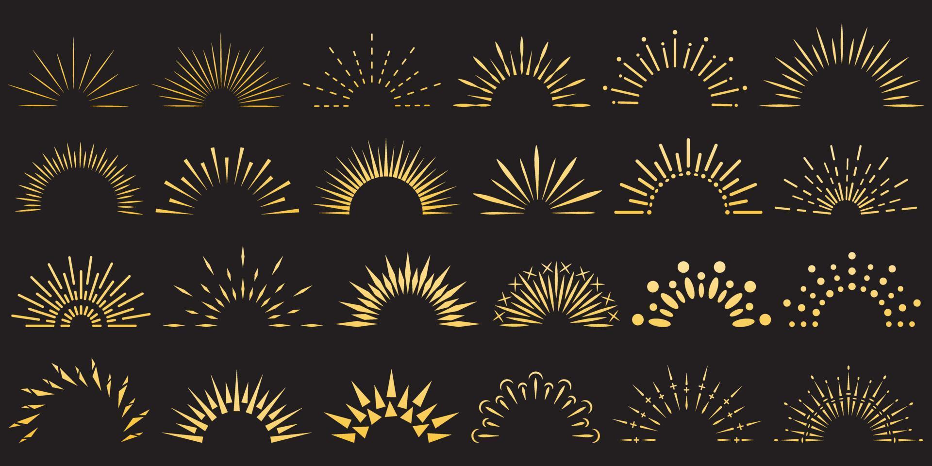 Set of golden sun rays icons of various shapes. Summer, design elements, sunshine, daylight. Vector illustration