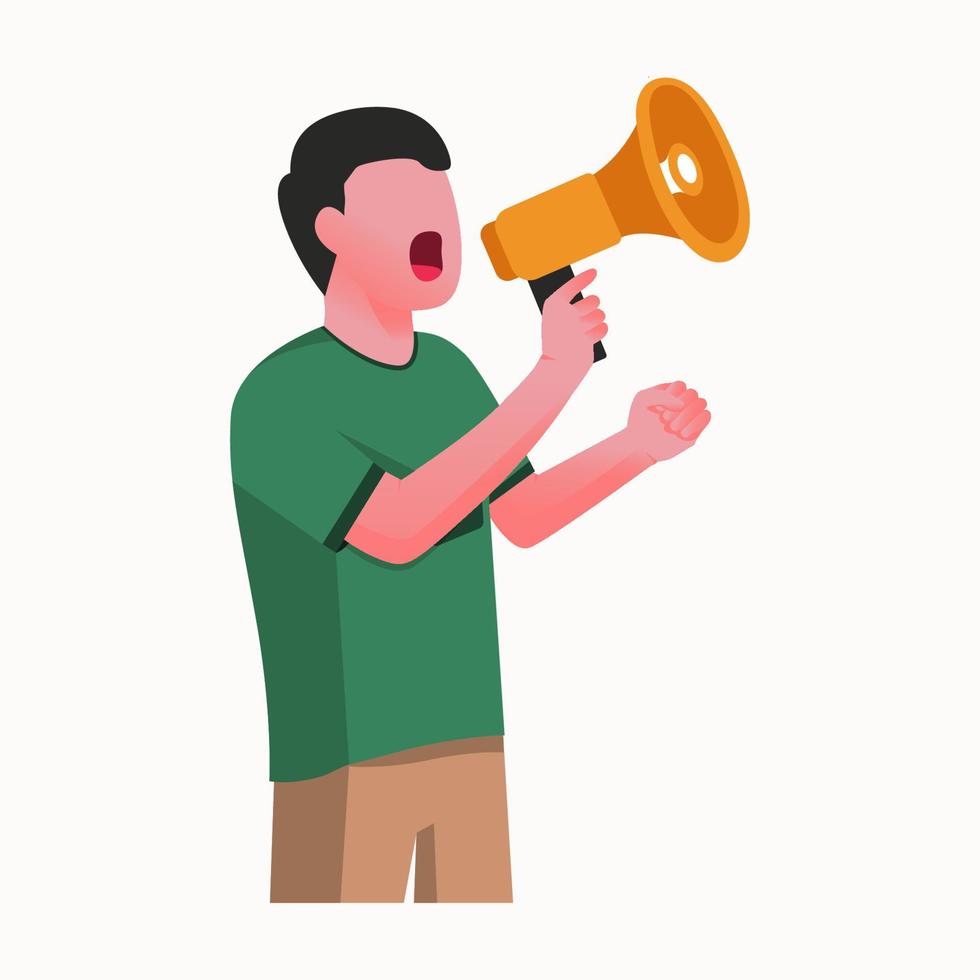 Man holding megaphone while speaking oration passionately flat design vector
