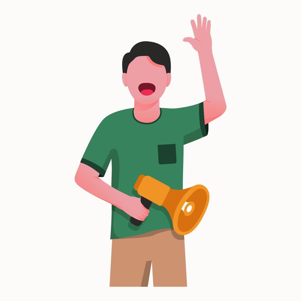 Man holding megaphone while showing greeting gesture flat design vector