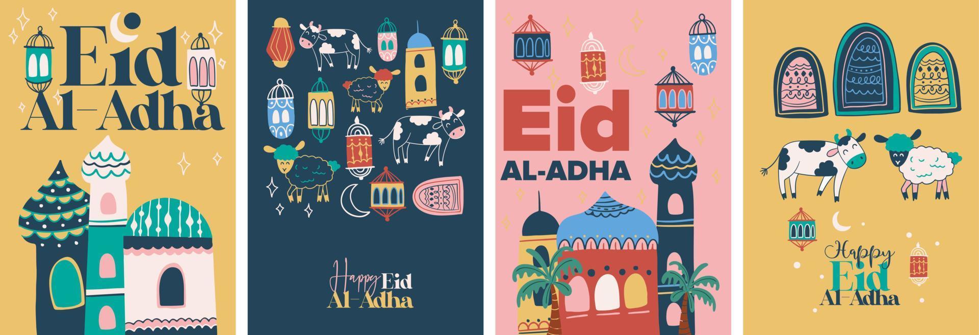 feliz eid al adha mubarak sacrificio vacaciones tarjeta de felicitación y cartel geométrico vector ilustración