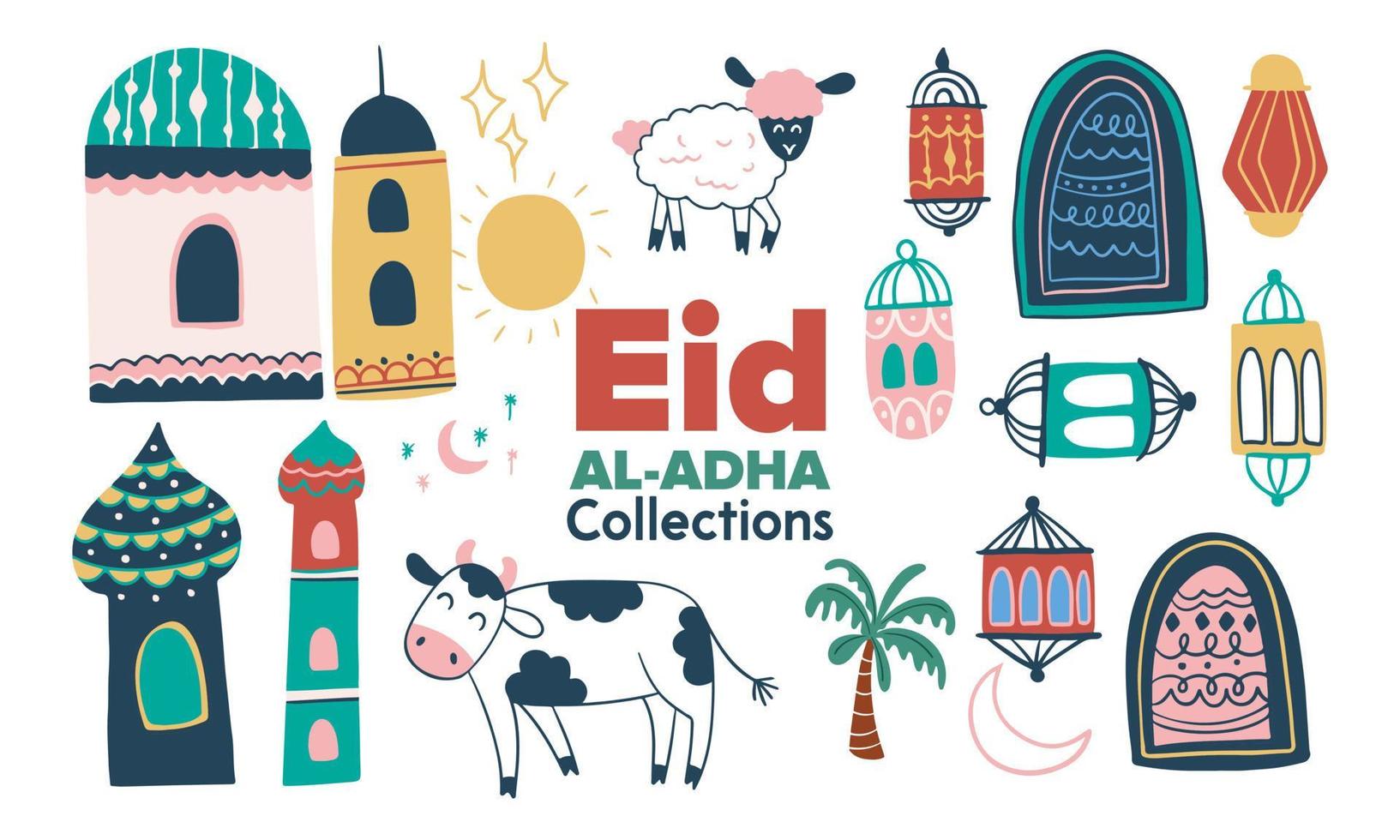 Eid al adha Happy Mubarak Islam holiday shape elements of greeting card Vector illustration