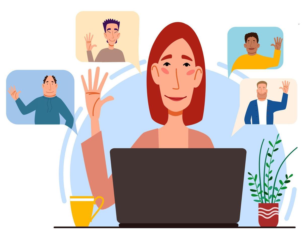 Illustration of a virtual meeting with different people who say hello. The concept of an online meeting with young men and women. vector