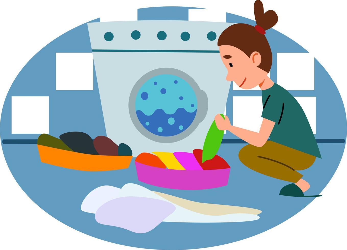 una hermosa joven en la lavandería clasificando la ropa. vector