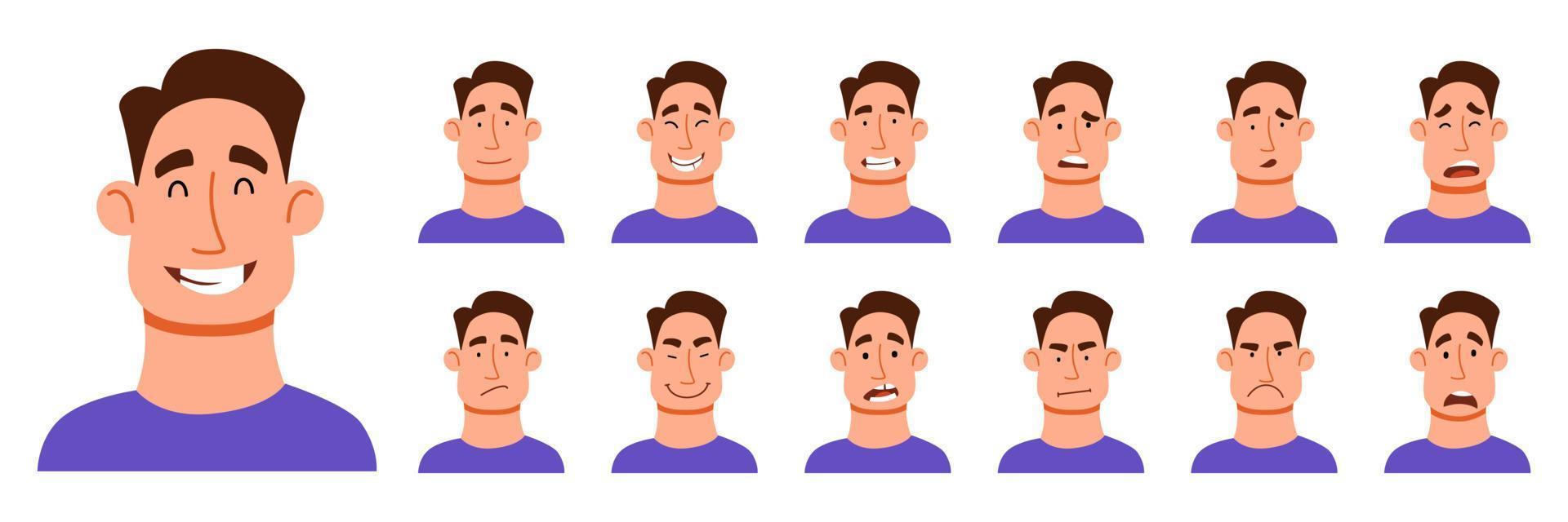 un conjunto de diferentes emociones de un hombre guapo. vector