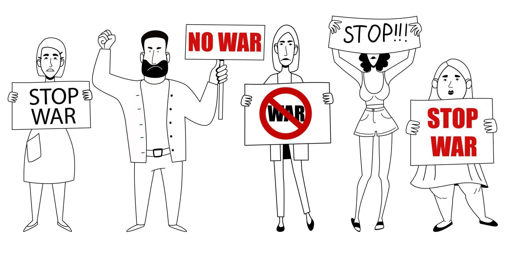 Protesting crowd of people with posters No to war. vector illustration