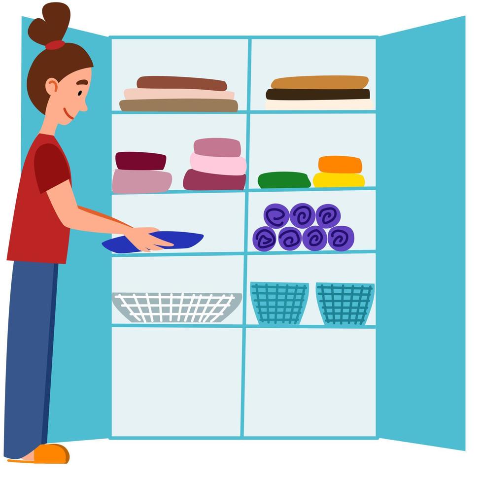 The girl lays out the laundry in the closet. A woman cleans the house. vector