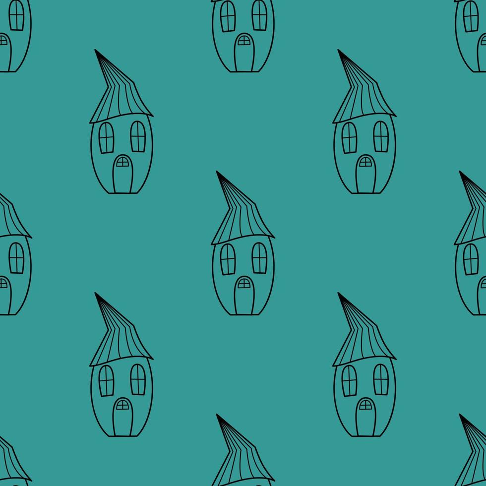 Seamless vector pattern of contour houses in doodle style on a green background.