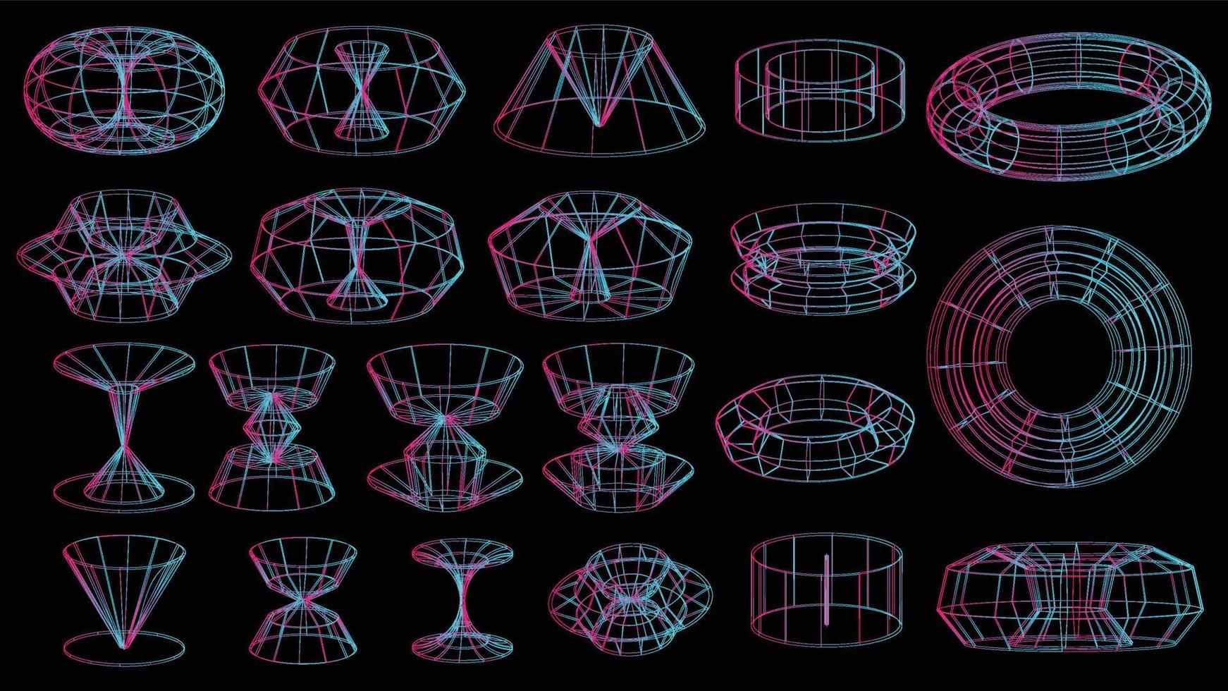 conjunto de elementos tecnológicos geométricos abstractos al estilo cyberpunk. colección retro vintage diseño digital virtual 3d. textura años 80 vr. patrón de metaverso futurista. fondo de plantilla aislada vectorial vector