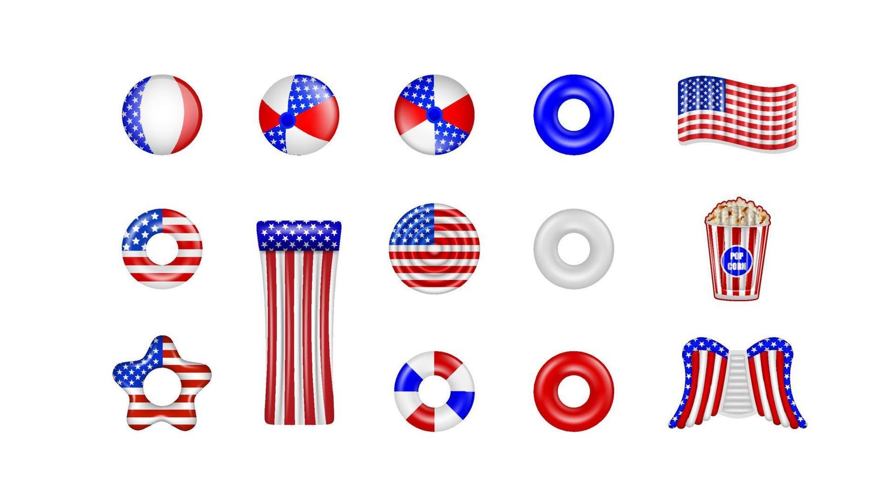 conjunto de inflables de piscina aislados con colores de bandera americana. vector