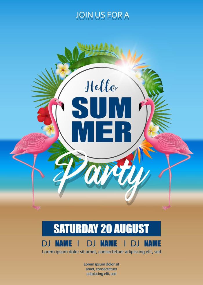Hello summer party poster with pink flamingos and tropical plants on beach background vector