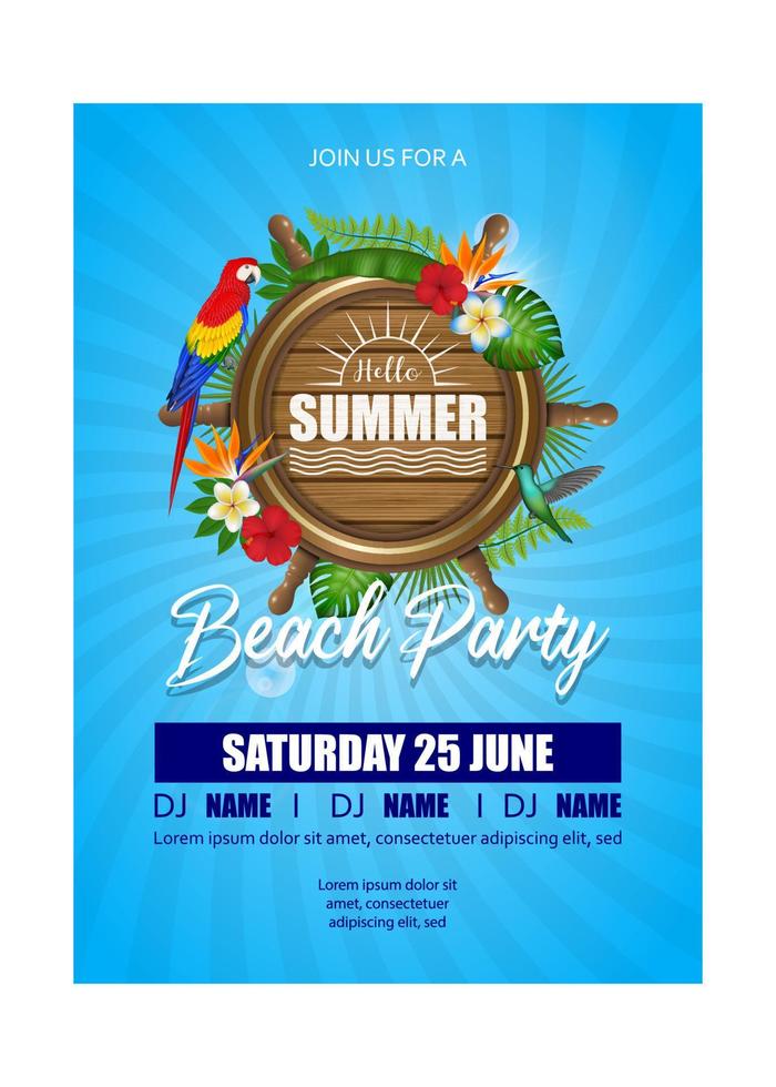 Hello summer background. beach party poster with wooden ship wheel and tropical leaves vector