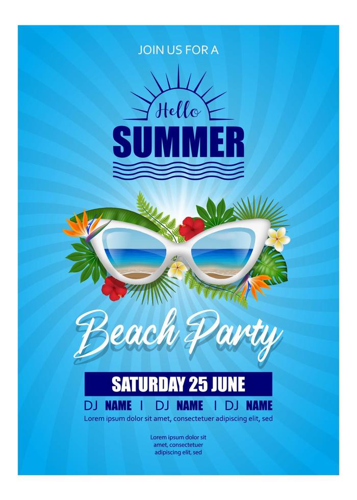 beach party poster with sunglasses and tropical leaves. hello summer background vector