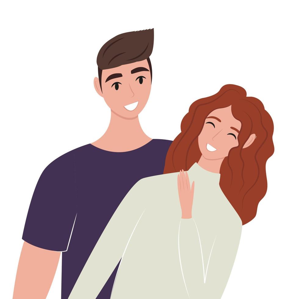 Woman man standing together flat. Young happy man and woman are having fun and laughing. Templates for design. Cute vector illustration in flat style.