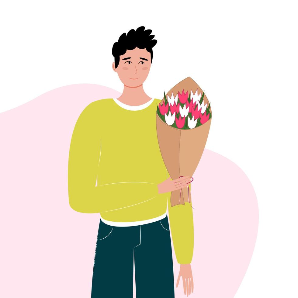 Man with bouquet flowers postcard. Man stands with a bouquet flowers. Template for design. Vector illustration in flat style.