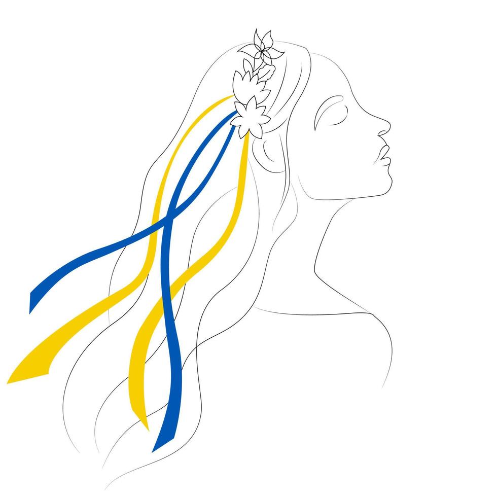 Arte de línea de mujer ucraniana. mujer ucraniana con un círculo de flores en la cabeza y cintas azules y amarillas en el pelo. ilustración vectorial en estilo lineal. vector