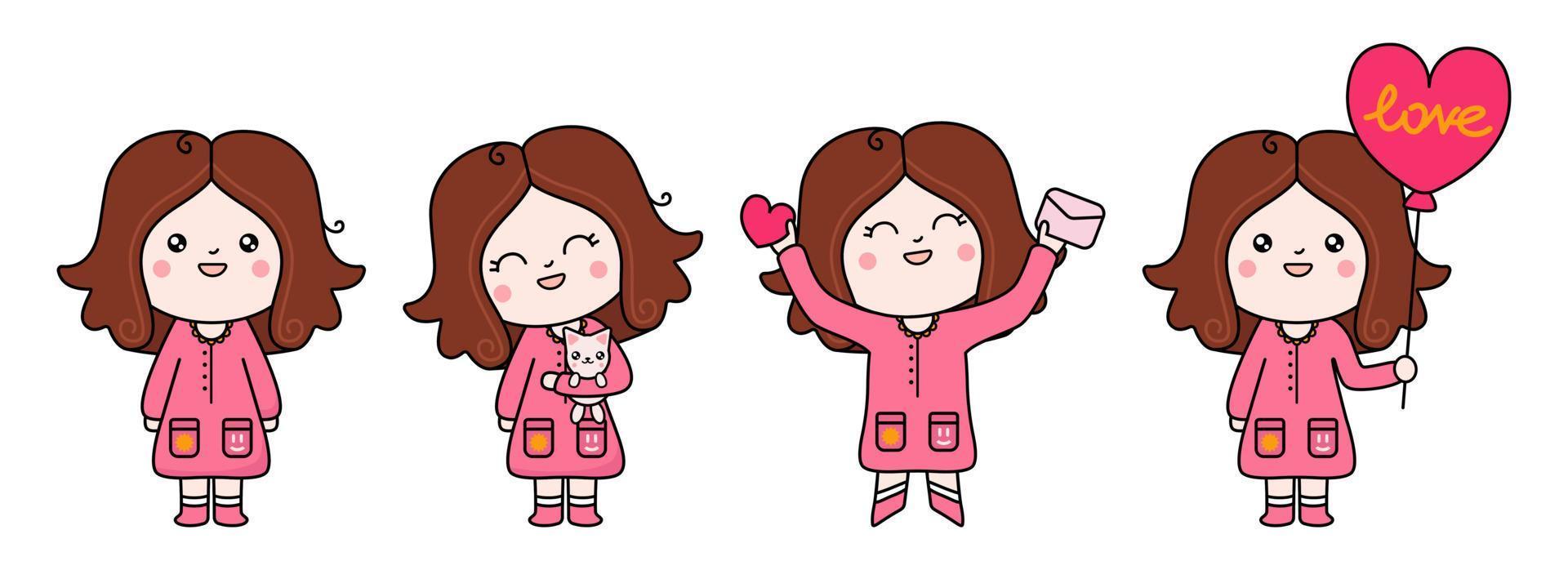 Set of cute kawaii girl with kitten, heart and balloons vector
