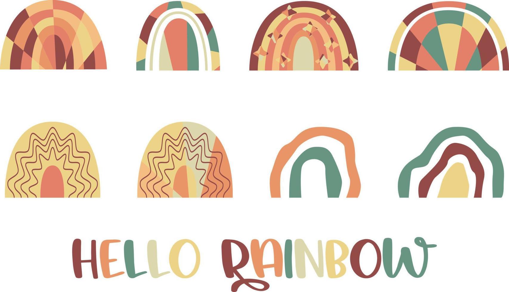 Hand Drawn Boho Rainbows. Cute Set in Pastel and Earthy Colors. Vector Isolated Elements. Scandinavian Style. Neutral Nursery Art Design for Room Decoration, Printing on Textiles or Wall Decal.