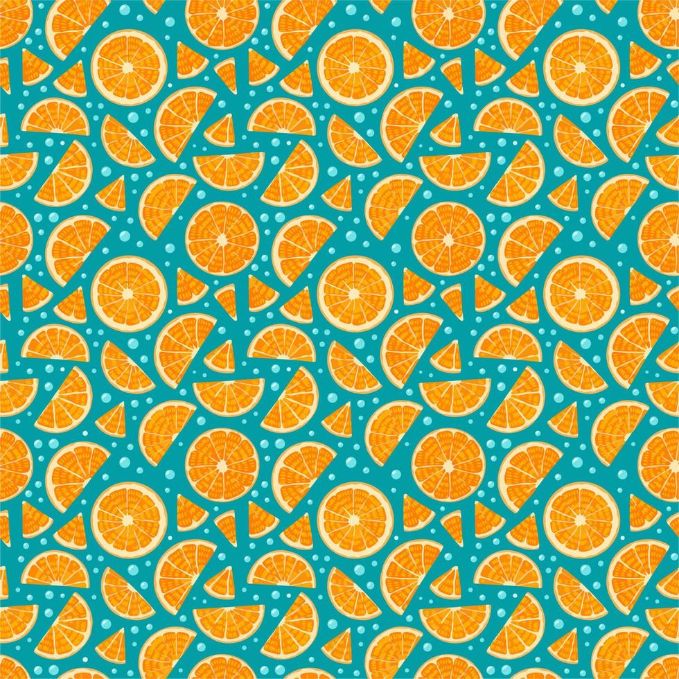 Tropical seamless pattern with oranges on a blue background. Fruit repeated background. Vector bright print for fabric or wallpaper.