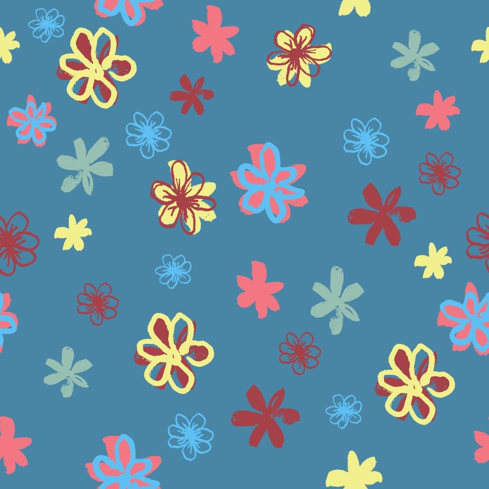 Seamless vector pattern with little funny multi-colored flowers. Childlike drawing. Isolated on blue background. Simple print design for wallpapers, textile, fabric, wrapping gift, ceramic tiles