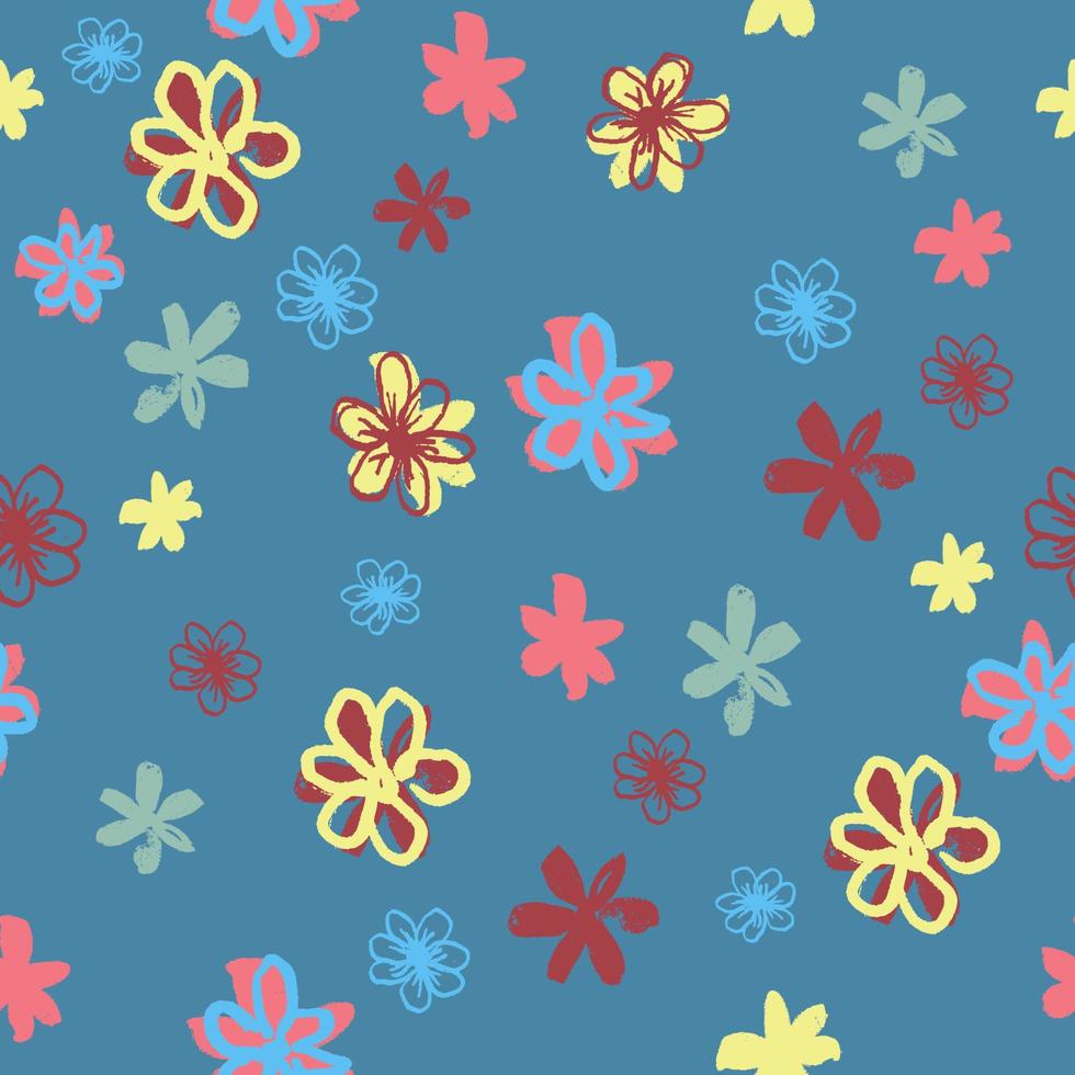 patrón de vector transparente con pequeñas flores multicolores divertidas. dibujo infantil. aislado sobre fondo azul. diseño de impresión simple para papel pintado, textil, tela, regalo de envoltura, baldosas de cerámica