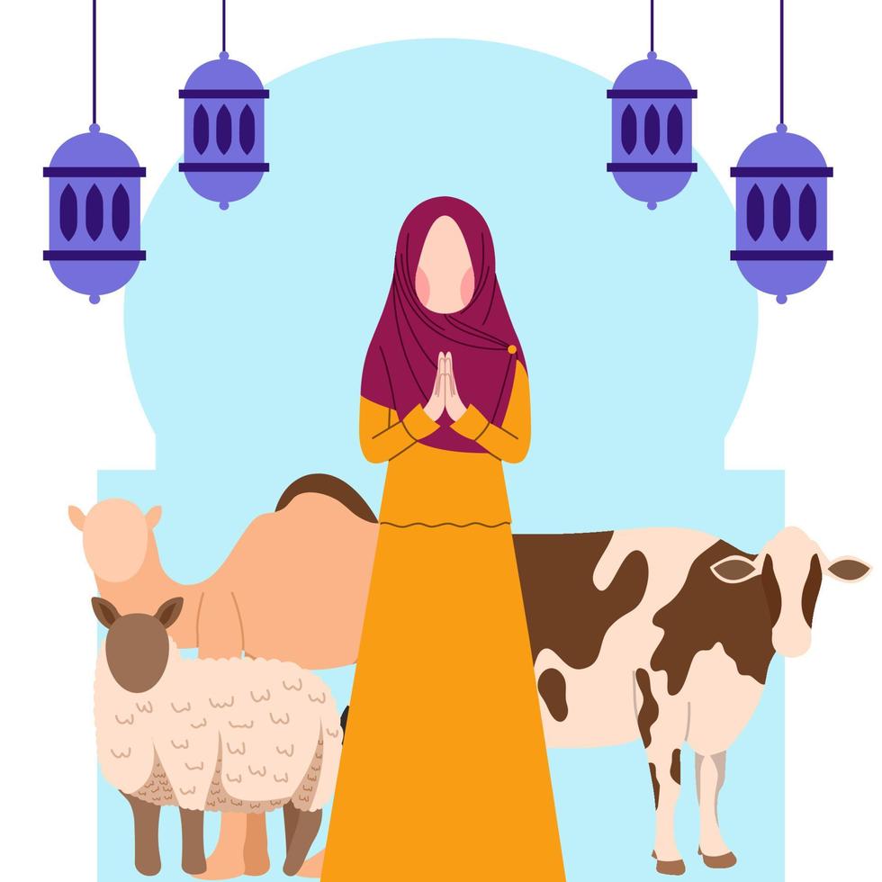 Hijab character for eid adha greeting vector