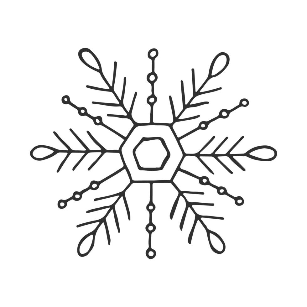 A hand-drawn snowflake. Vector illustration in doodle style. Winter mood. Hello 2023. Merry Christmas and Happy New Year. Black element on a white background.