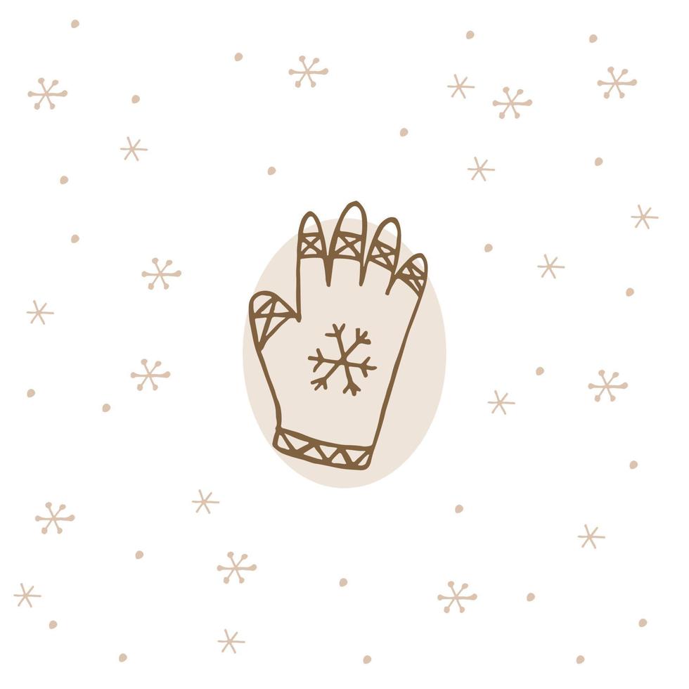 A hand-drawn winter clothing. Vector illustration in doodle style. Winter mood. Hello 2023. Merry Christmas and Happy New Year. Brown mittens with ornament on a white background with snowflakes.
