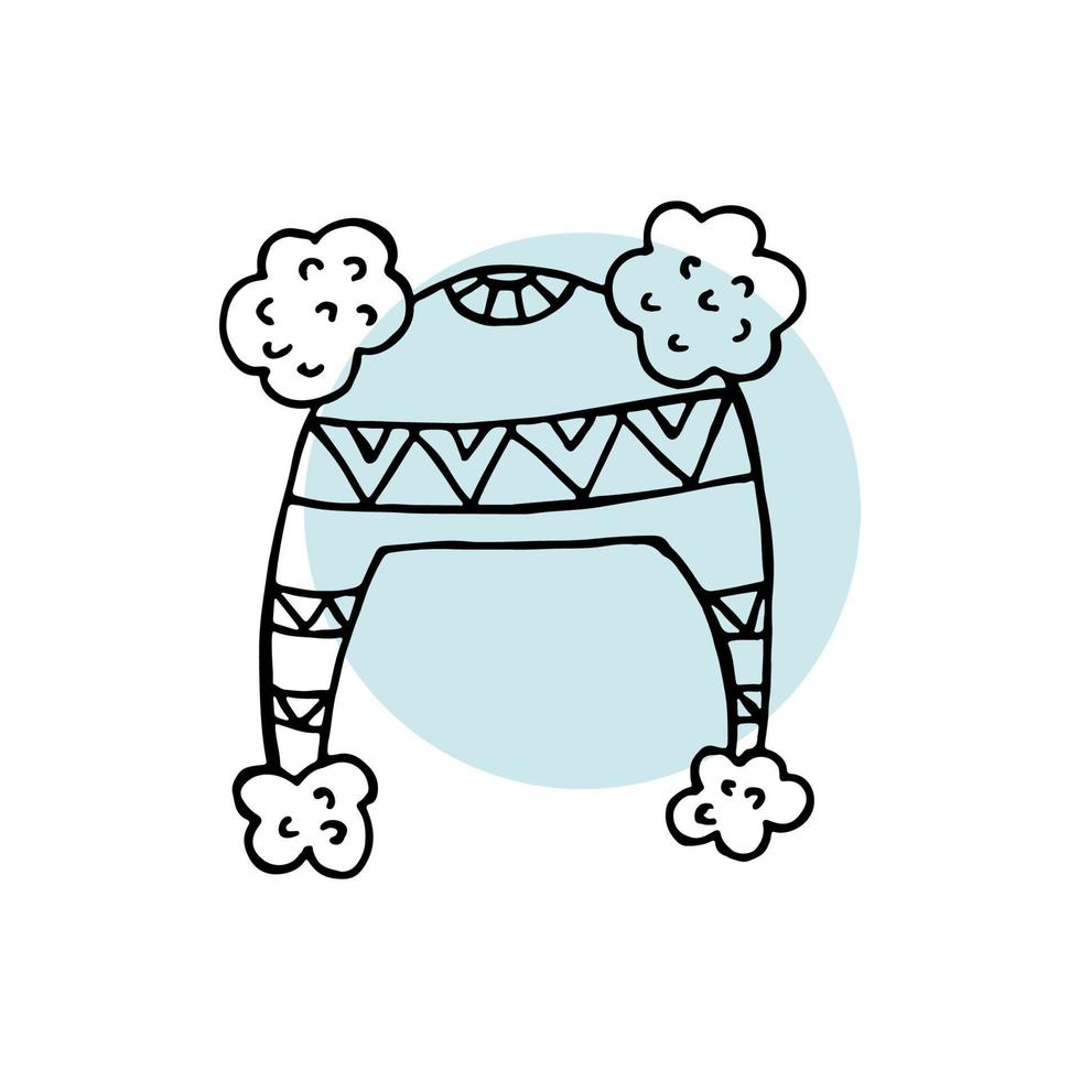 A hand-drawn winter clothing. Vector illustration in doodle style. Winter mood. Hello 2023. Merry Christmas and Happy New Year. Black hat with ornament and pompon on a white and blue background.