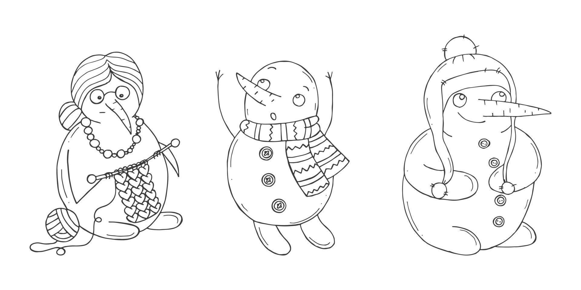 Set of cute snowmen on a white background. Vector illustration in doodle style. Winter mood. Hello 2023. Merry Christmas and Happy New Year.