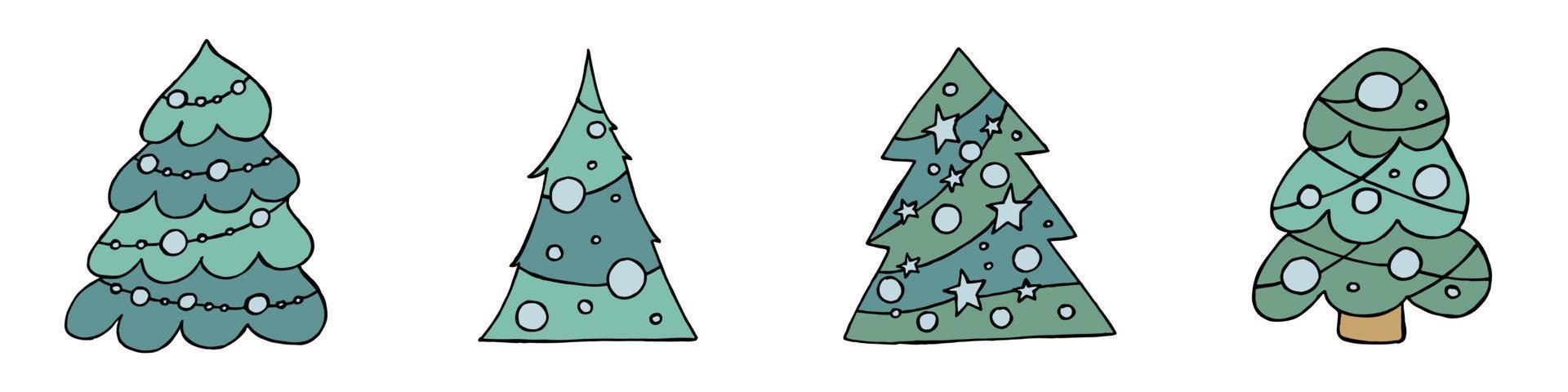 A hand-drawn christmas tree. Vector illustration in doodle style. Winter mood. Hello 2023. Merry Christmas and Happy New Year. Green trees with a blue toys on a white background.