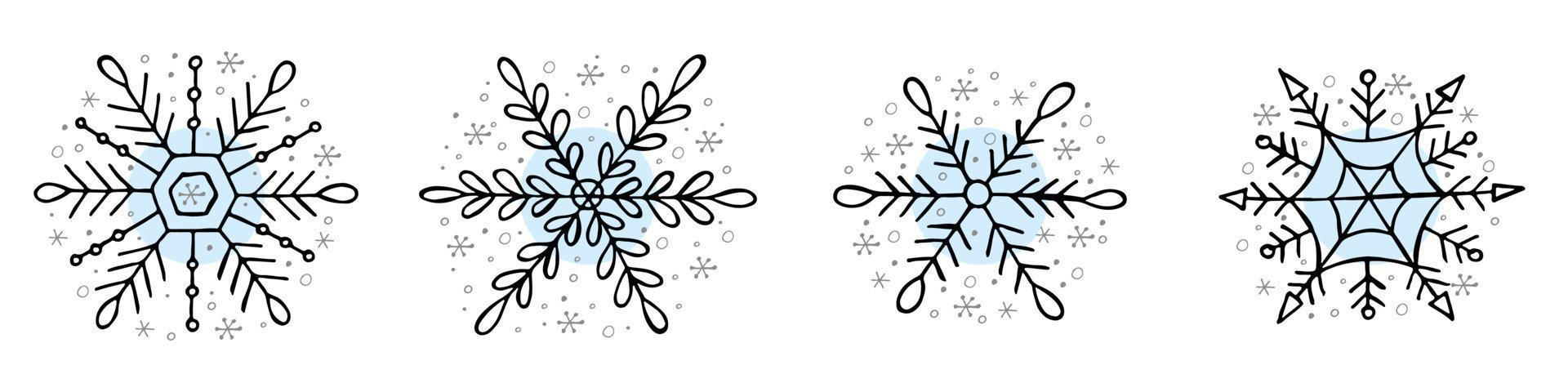 un conjunto de copos de nieve dibujados a mano. ilustración vectorial en estilo garabato. estado de ánimo de invierno. hola 2023. feliz navidad y próspero año nuevo. elementos negros y azules claros sobre un fondo blanco. vector