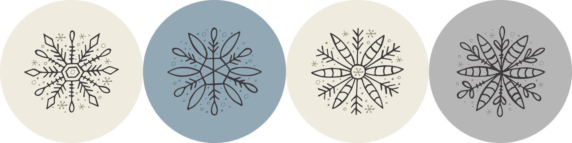 un conjunto de copos de nieve dibujados a mano. ilustración vectorial en estilo garabato. estado de ánimo de invierno. hola 2023. feliz navidad y próspero año nuevo. elementos grises sobre un fondo gris. vector