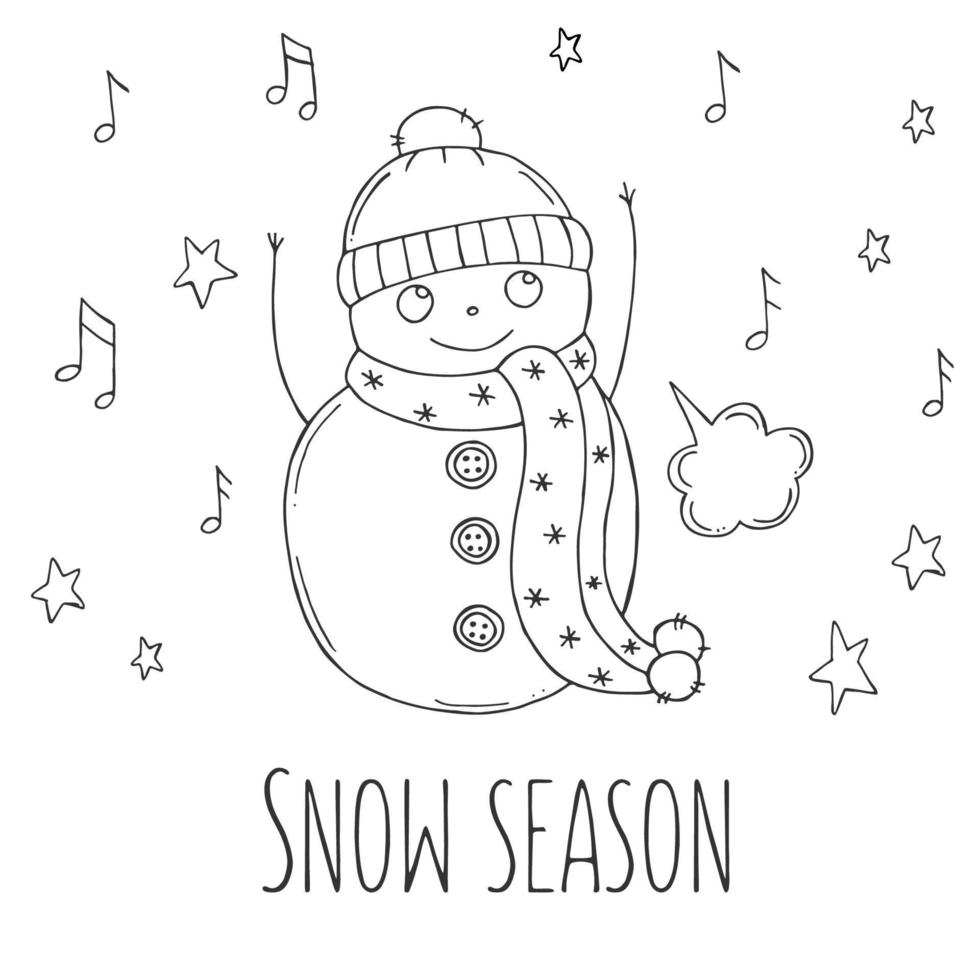 Cute snowman with stars and notes on a white background. Vector illustration in doodle style. Winter mood. Hello 2023. Merry Christmas and Happy New Year.