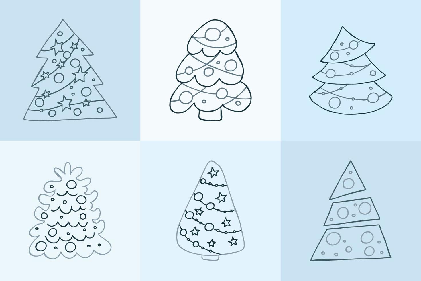 A set of hand-drawn christmas trees. Vector illustration in doodle style. Winter mood. Hello 2023. Merry Christmas and Happy New Year. Gray elements on a blue background.