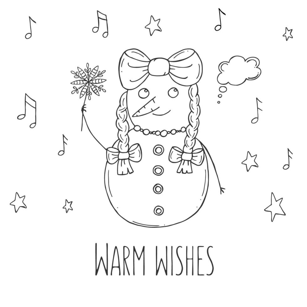 Cute snowman with stars and notes on a white background. Vector illustration in doodle style. Winter mood. Hello 2023. Merry Christmas and Happy New Year.