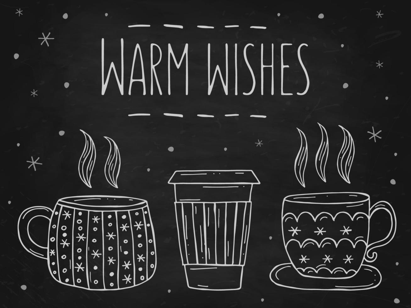 Set of a warming winter drinks on a black chalk board. Vector illustration in doodle style. Winter mood. Hello 2023. Merry Christmas and Happy New Year.