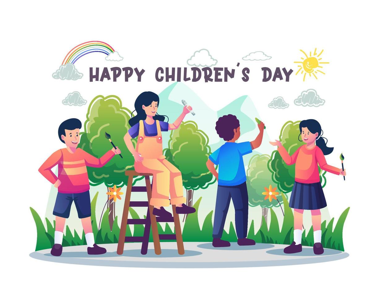 feliz día del niño con niños pintando dibujos en la pared. los niños usan crayones y pinceles para pintar y dibujar. ilustración vectorial de estilo plano vector