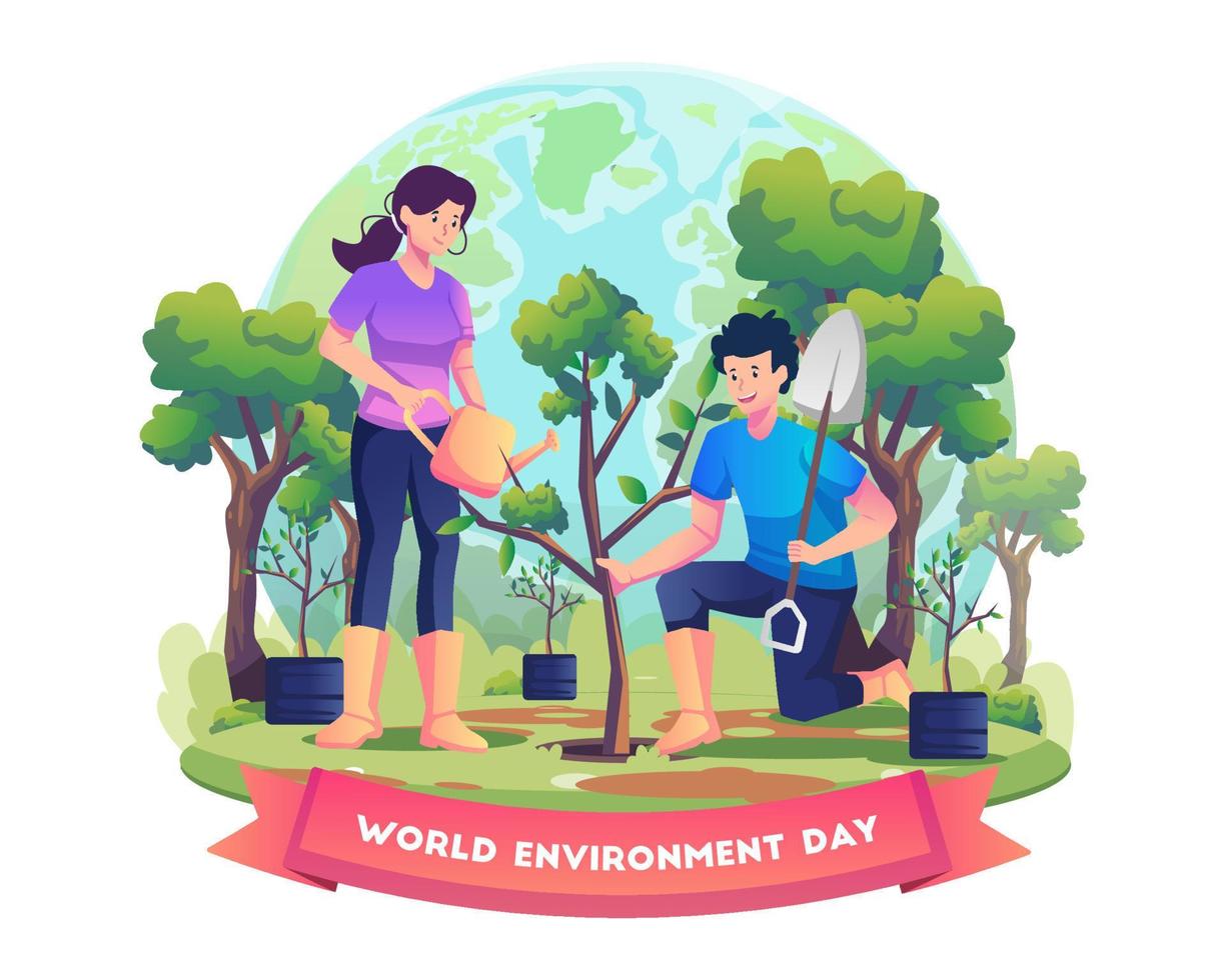 People plant and tend trees for environmental protection and nature care on World Environment Day. Flat style vector illustration