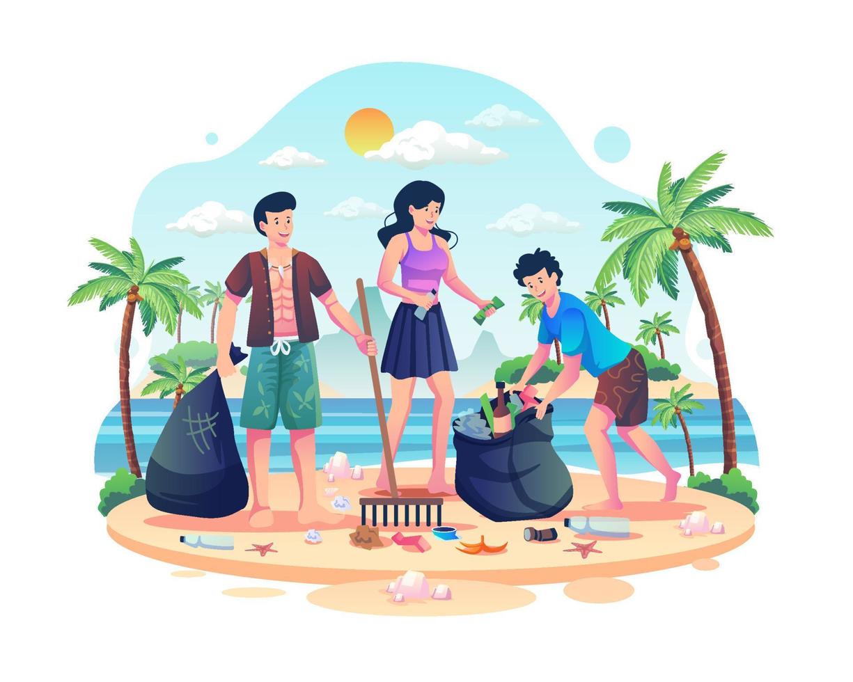 People are cleaning up trash on the beach on World Environment Day. Save the planet. Earth Day concept. Flat style vector illustration
