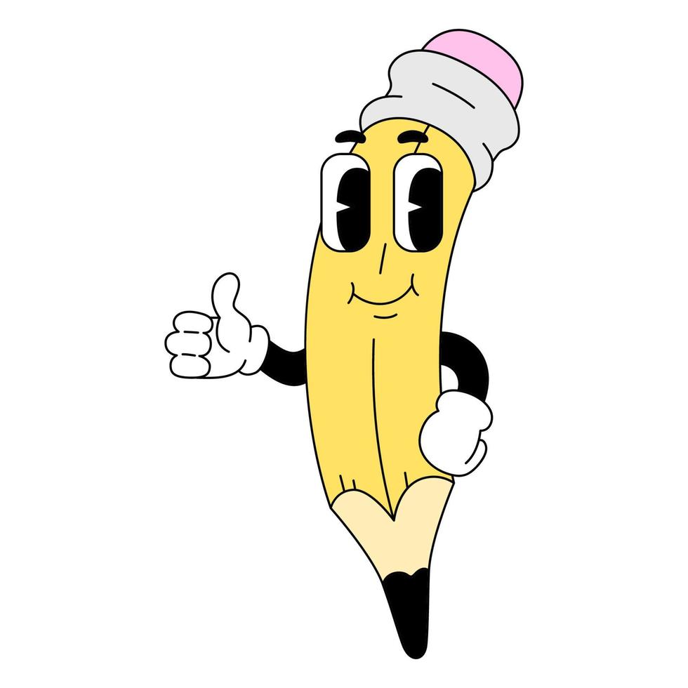 Vector illustration of smiling pencil isolated on white background. Character in traditional cartoon style. Picture for sticker, print, poster, greeting card
