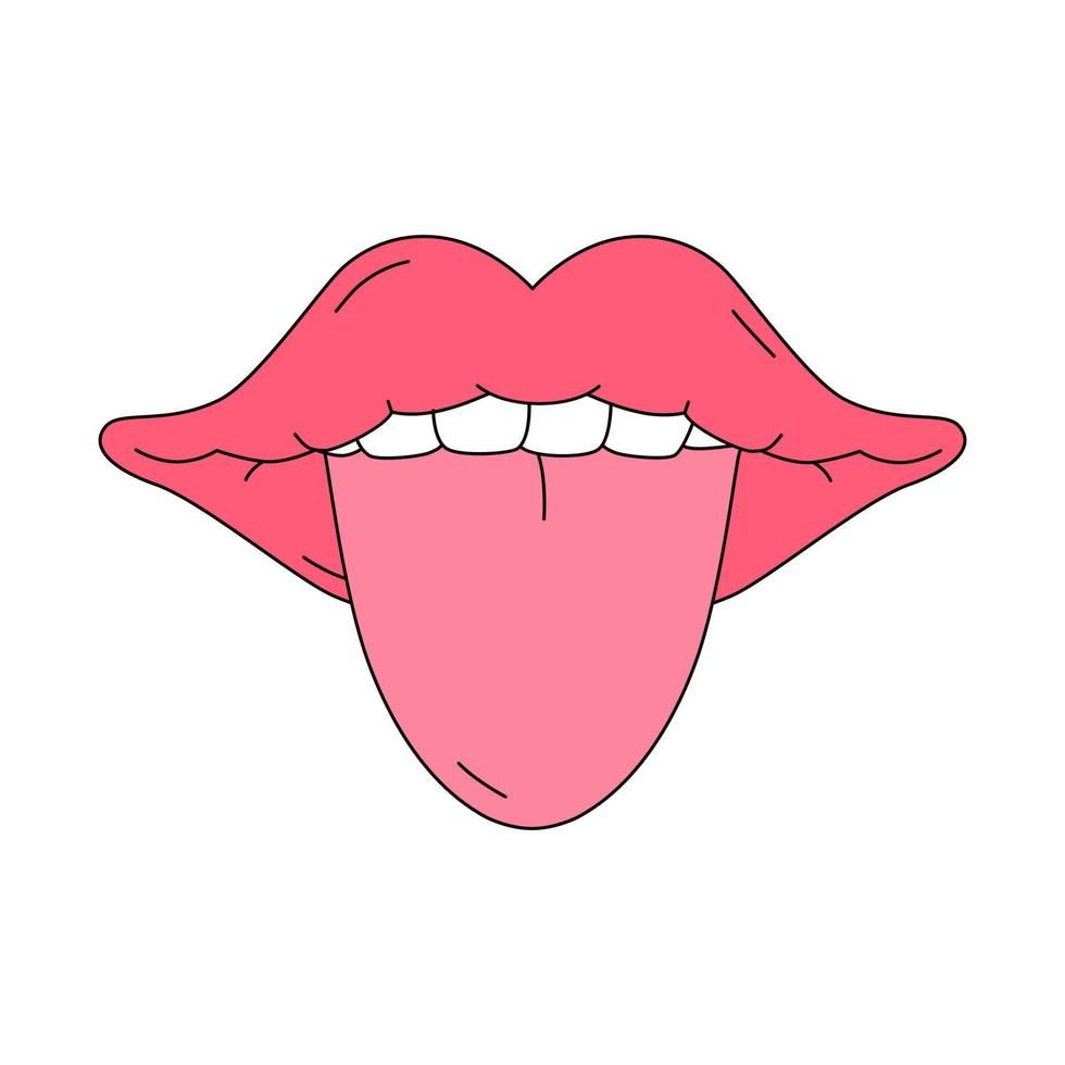 boca abierta con la lengua sobresaliendo al estilo tradicional de las caricaturas. ilustración vectorial aislado sobre fondo blanco. símbolo de pasión y sexualidad para pegatinas, impresos, afiches, tarjetas de felicitación vector