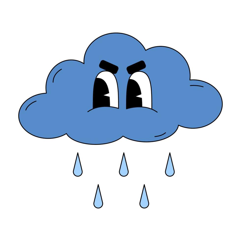 la nube de tormenta con gotas de lluvia al estilo tradicional de las caricaturas. ilustración vectorial aislado sobre fondo blanco. emoticono sombrío para redes sociales, pegatinas, impresos, tarjetas de felicitación y afiches vector