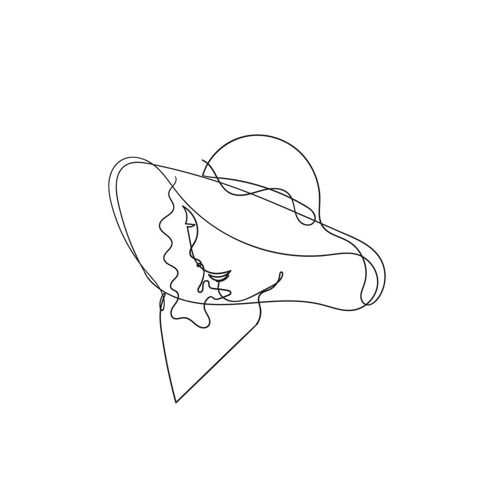 dibujo de línea continua silueta de mujer hermosa con sombrero de verano ilustración vectorial vector