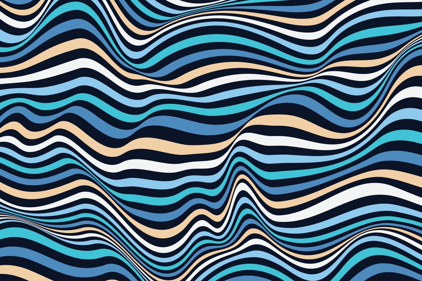 Abstract striped sea illustration. Digital liquid optical illusion design. Trendy dark blue and gold fluid wave background. Stylish linear texture vector