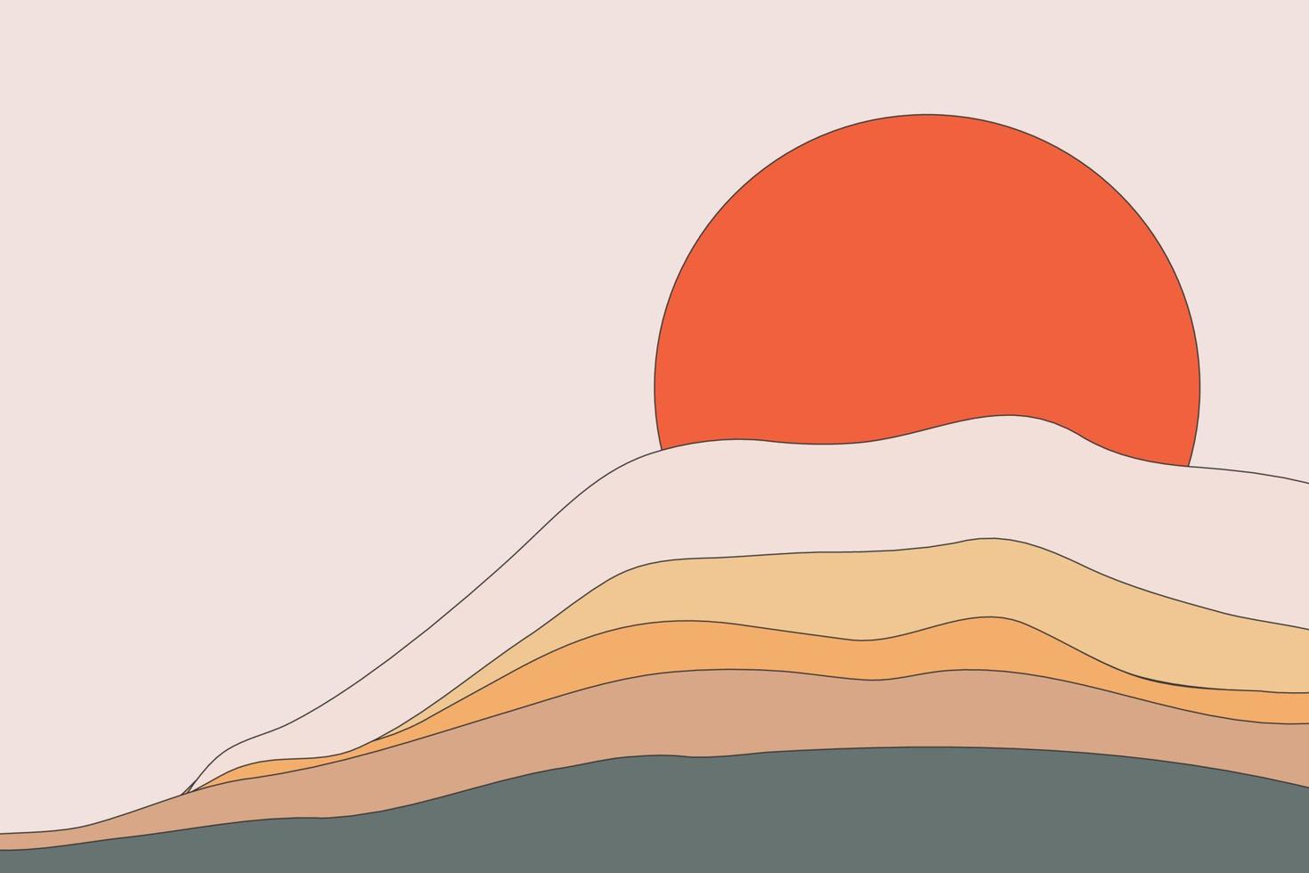 diseño de fondo de vector de paisaje abstracto. montañas lineales vibrantes con la ilustración del sol