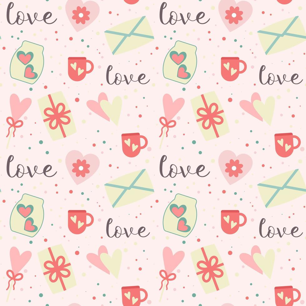 Romantic seamless pattern with hearts, blankets, cute things and dots vector