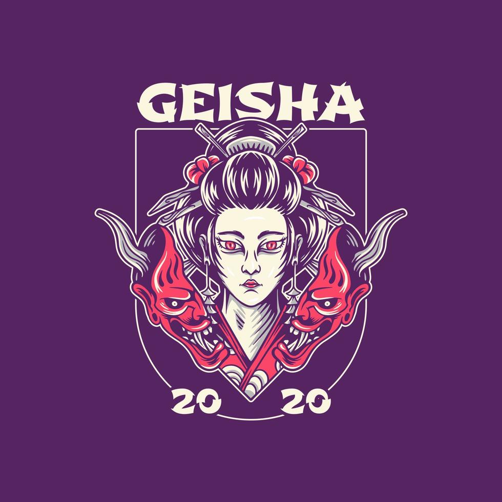 Geisha And Devil Mask Illustration vector