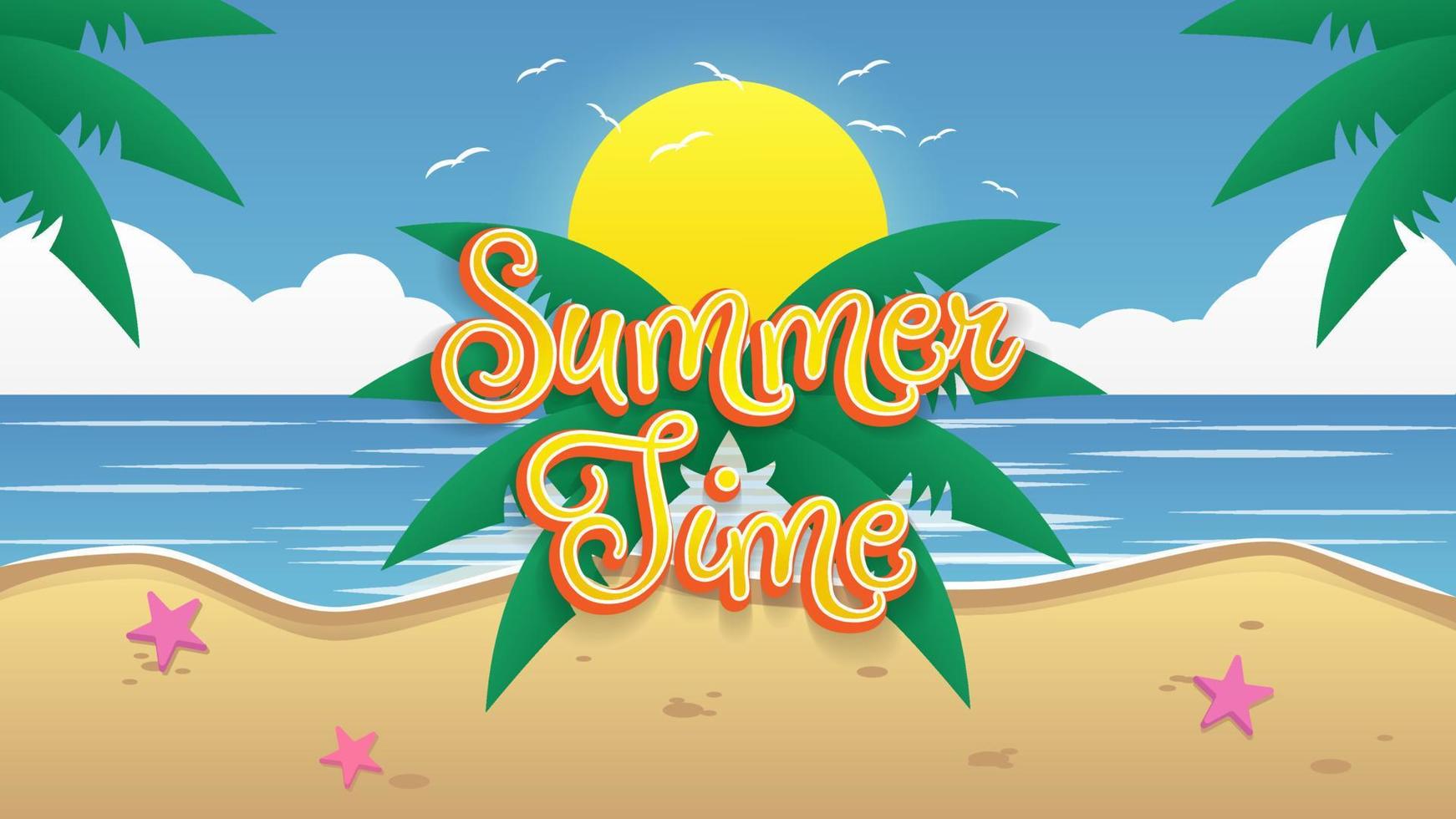Flat vector decorative summer time illustration with beach
