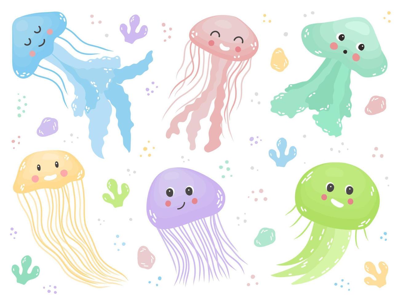 Cute bright sea set of jellyfish of different species vector