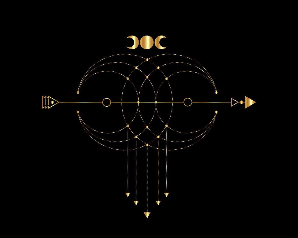 Sacred Geometry, mystical arrow and crescent moon, gold dotted lines in boho style, wiccan icon, alchemy esoteric mystical magic celestial talisman. Spiritual occultism vector isolated on black